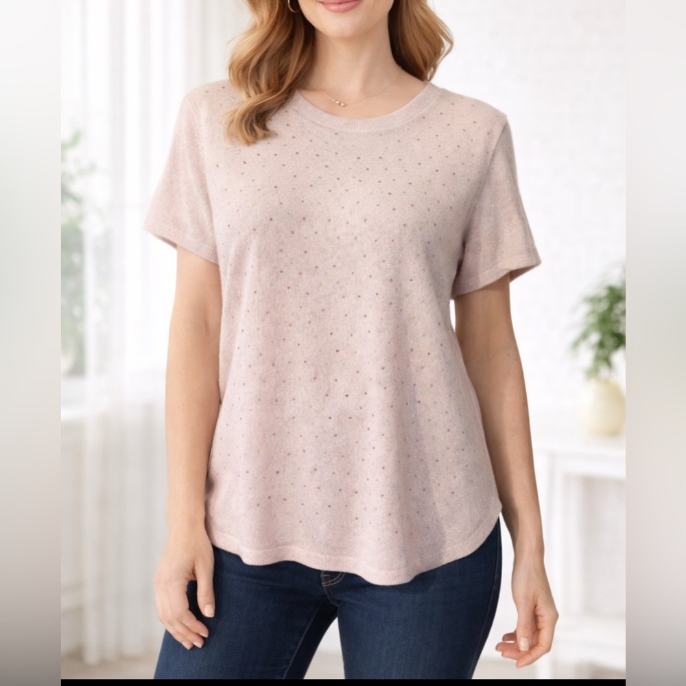 InCashmere In Cashmere Sweater Top XL Extra Large Short Sleeve Crystals $195